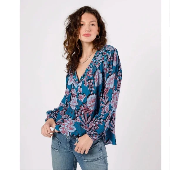JOSIE SAPPHIRE MIXED PRINT LONG SLEEVE TOP - Picture 1 of 2